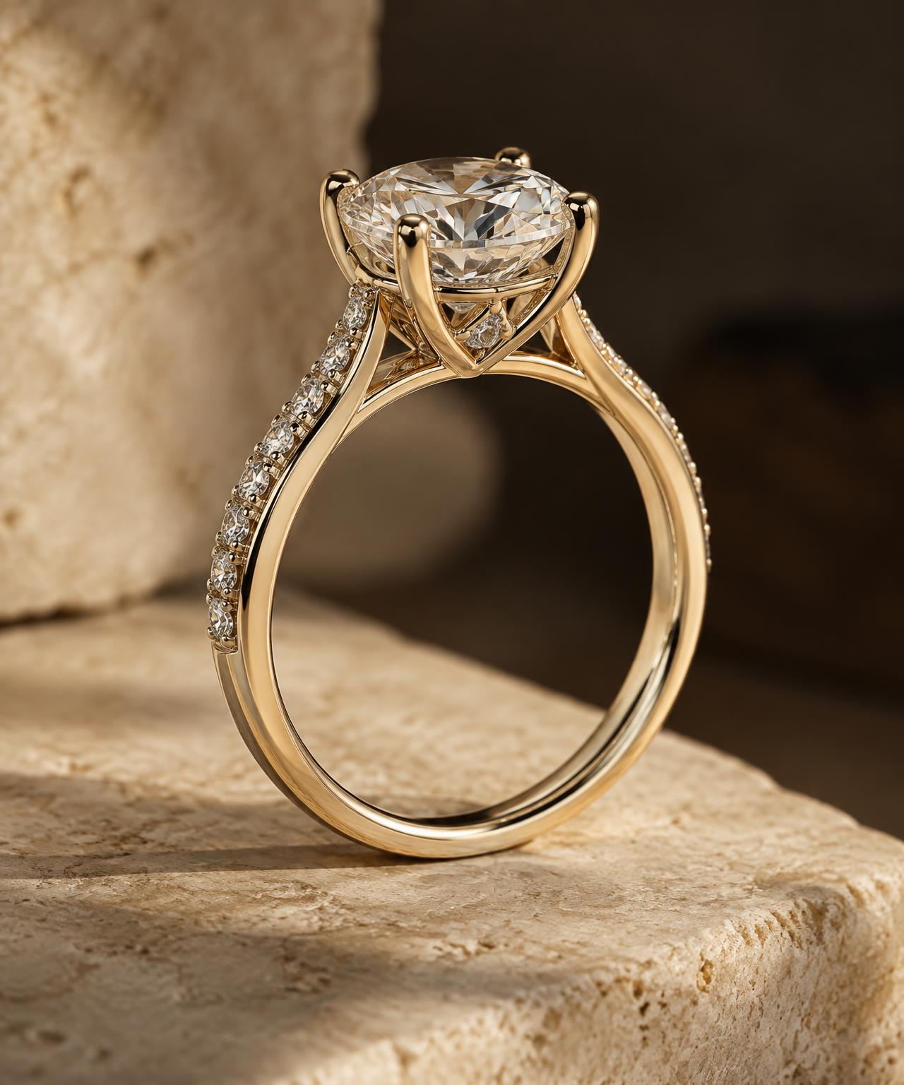 Engagement ring profile showing its prongs, basket, gallery, shoulders, and shank