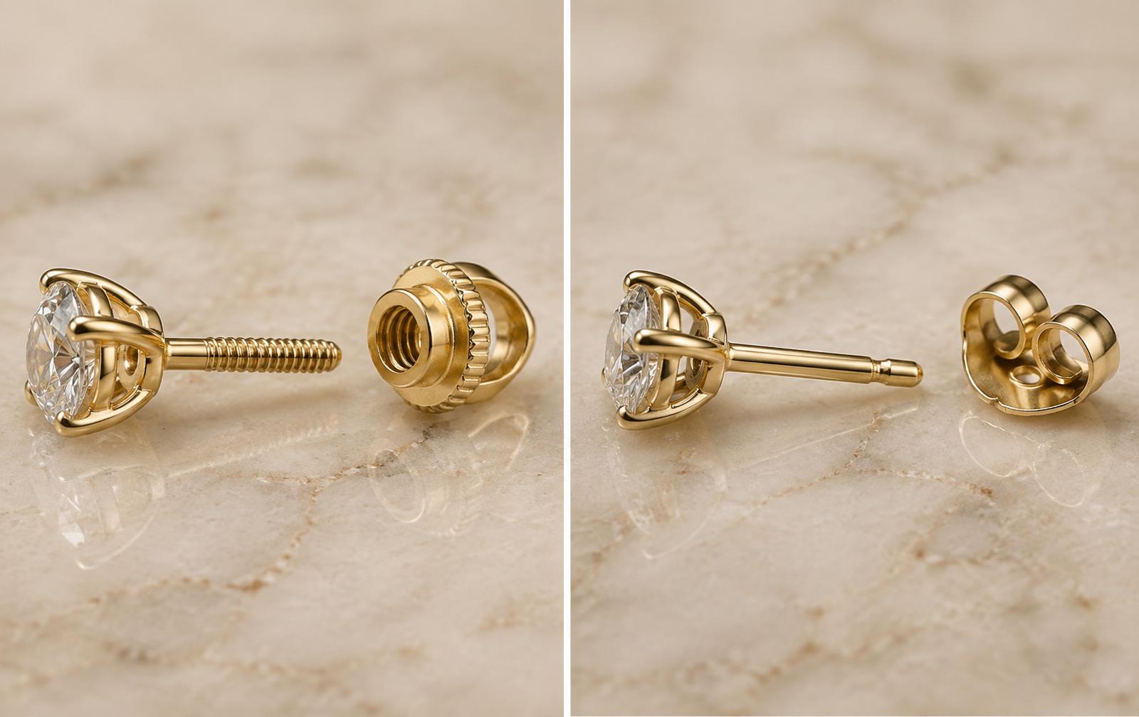 Macro comparison of a threaded screw-back stud and a smooth-post friction-back stud