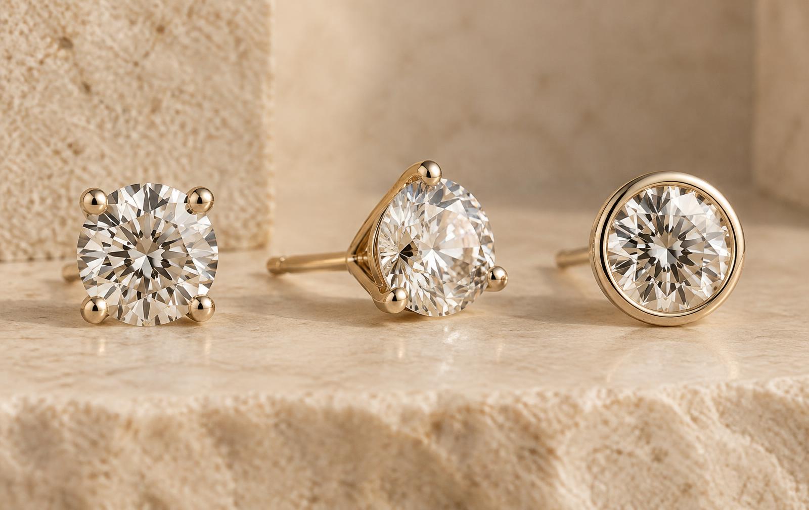 Photorealistic close-up comparison of four-prong, three-prong martini-style and bezel diamond stud settings