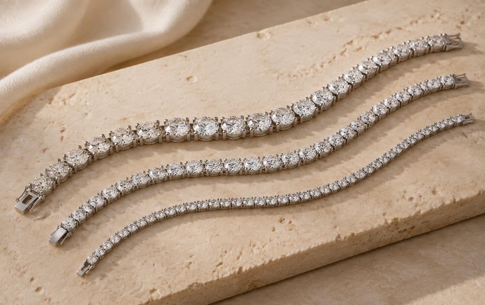 Three tennis bracelets with different diamond sizes and stone counts arranged for visual comparison