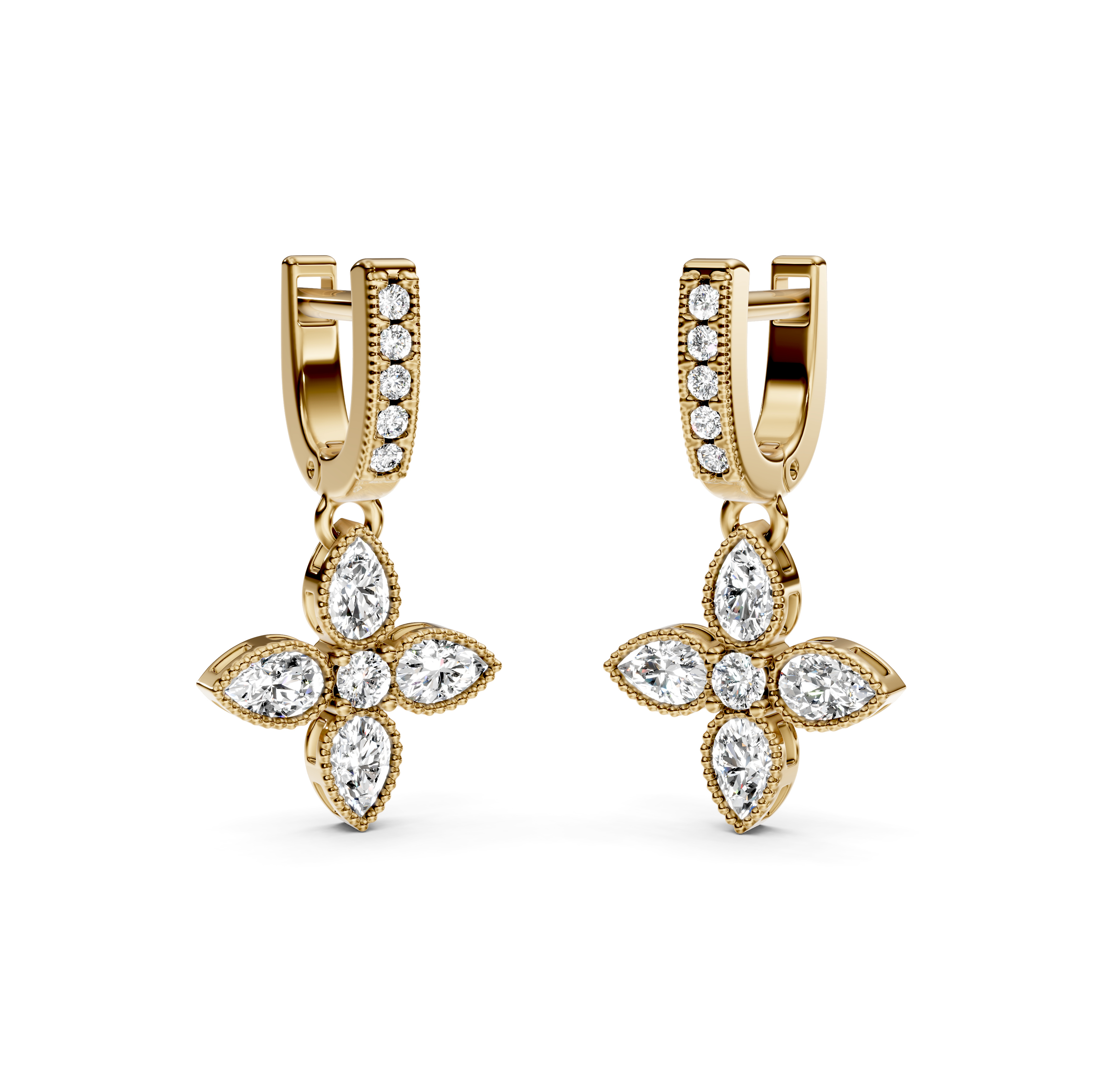 Flower Drop Milgrain Diamond Earrings